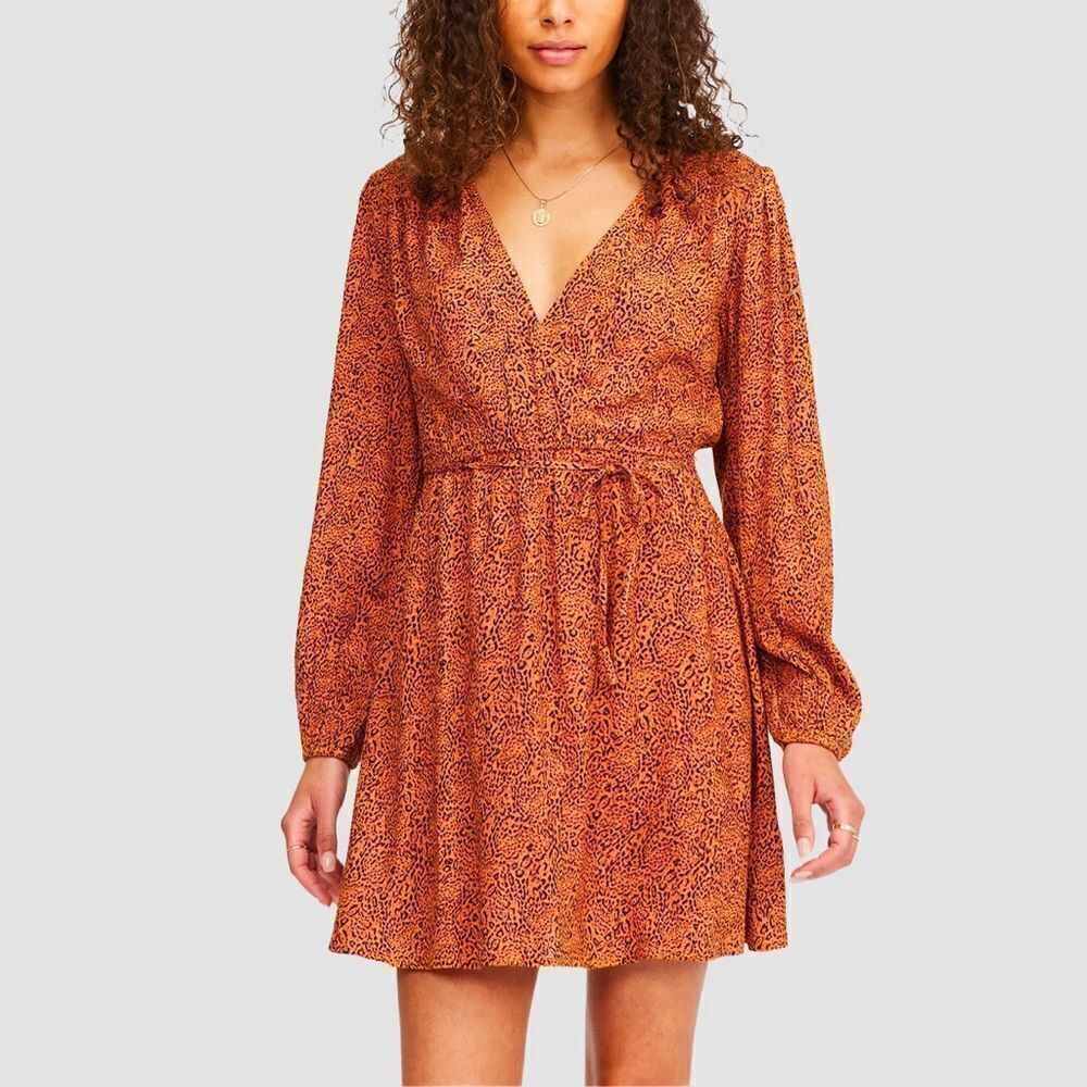 Billabong Caramel Brown Leopard Print Spring Romance Wrap Mini Dress